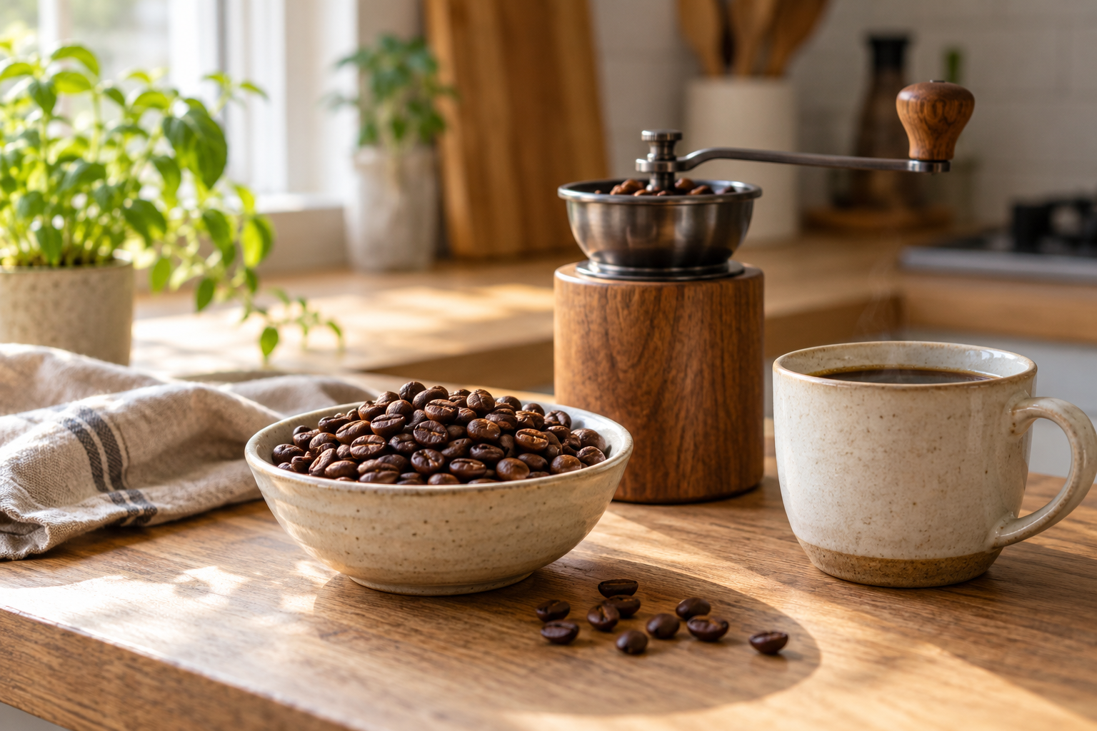 Roasted coffee beans, hand grinder and a cup of coffee